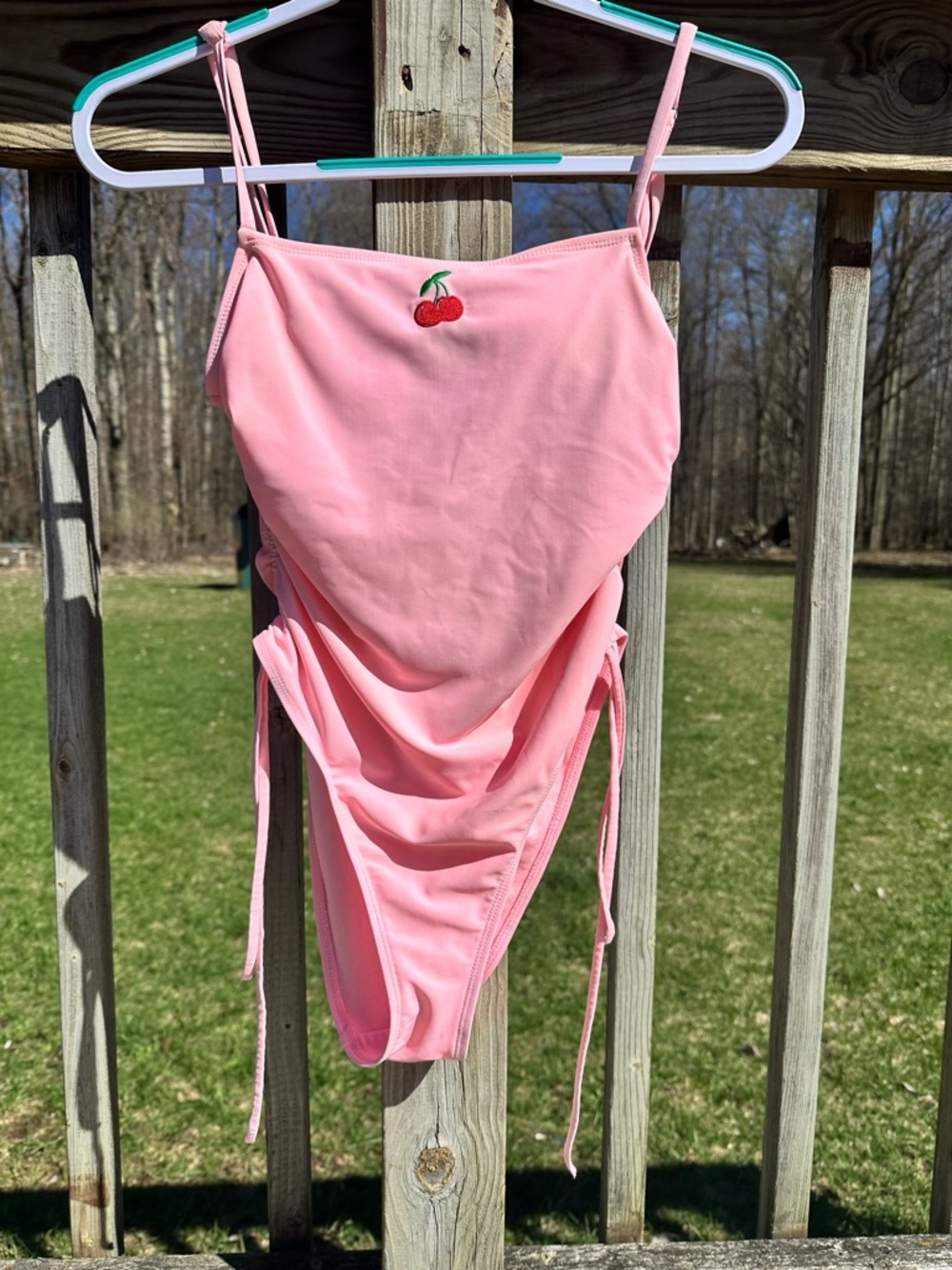 Pink One-Piece Swimsuit with Cherry Embroidery